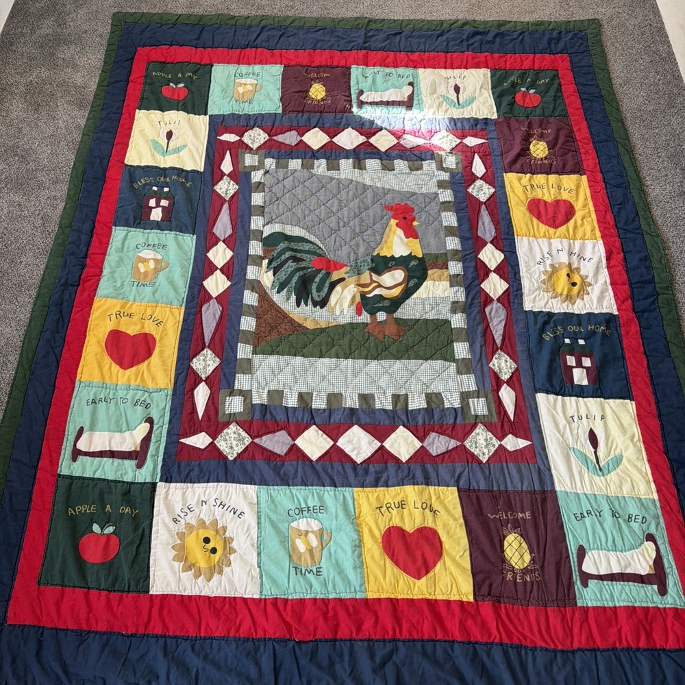 Vtg Patchwork Rooster Farmhouse Quilted Throw 65x82" Colorful